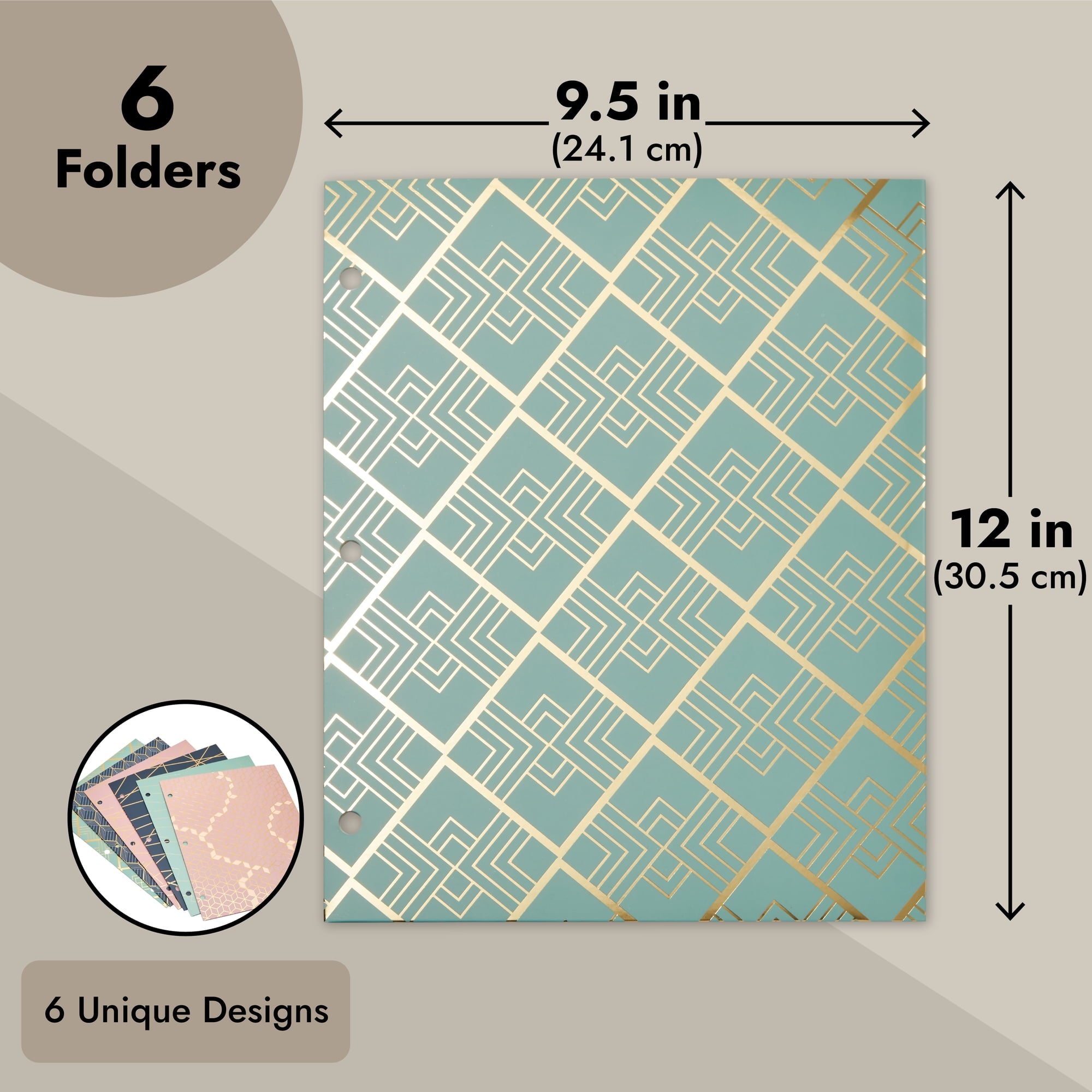 6 Pack School Folders with Pockets, 3 Hole Punched with 6 Geometric Designs for Office Supplies (9.5 x 12 In)