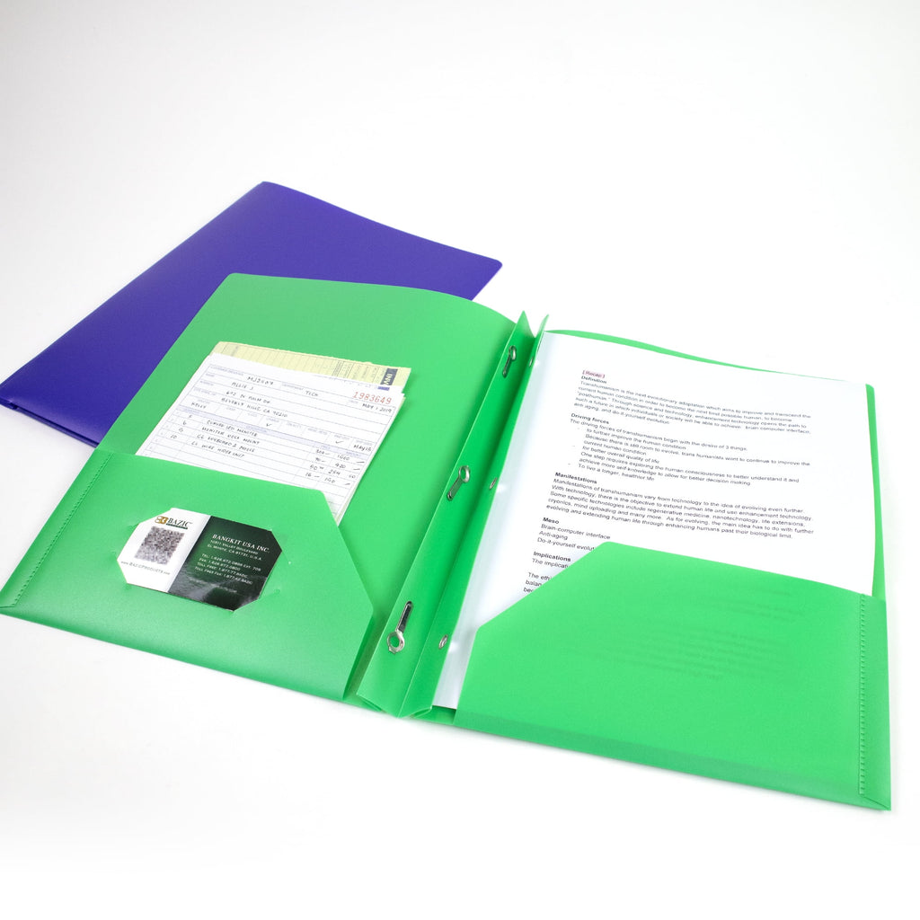 BAZIC 2 Pockets Poly Folder Portfolio, 3 Prong Fastener Clip, 8-Pack