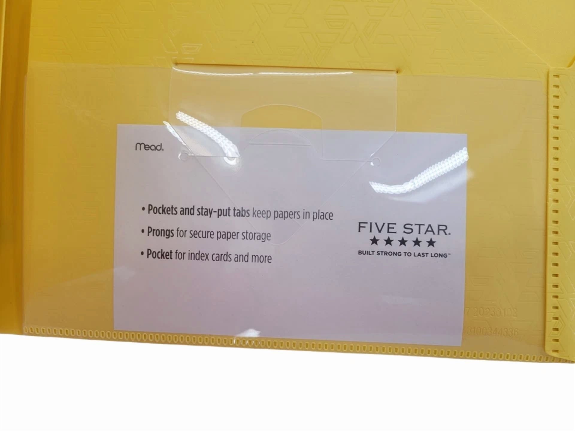 Lot 3 Five Star 2 Pocket Folder & Prong Fasteners, Stay-Put Folders, Yellow New