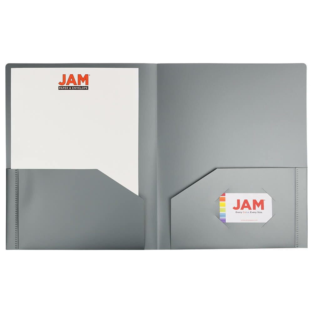 JAM Paper Heavy Duty Plastic 2 Pocket Extra Tough School Folders, Silver, Bulk 48/Pack