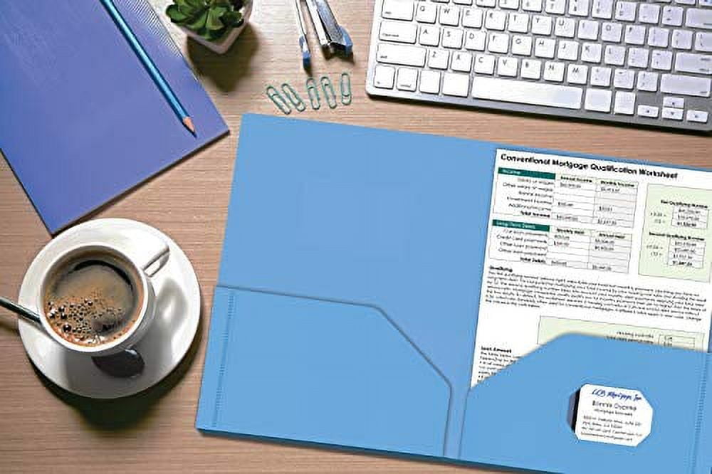 Heavyweight Light Blue Plastic 2 Pocket Portfolio Folder, 24 Pack, Letter Size Poly Folders, by Better Office Products, 24 Pack, Light Blue