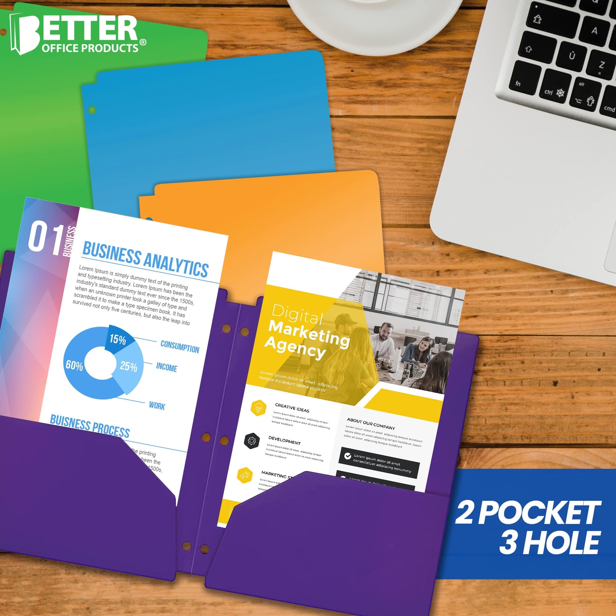 3 Hole Punch Pocket Folders, Heavyweight Plastic 2 Pocket Folders, Bulk Pack, Assorted Bright Neon Colors, Letter Size, with Business Card Slot, by Better Office Products (6 Pack)