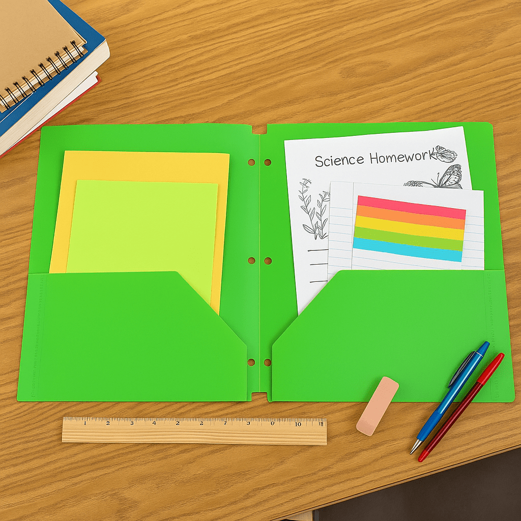 7 Colorful Plastic Folders with 2 Pockets and 3 Holes  – Two Pocket Folder Set for School, Binder Use – With Card Slot, Durable Poly Material
