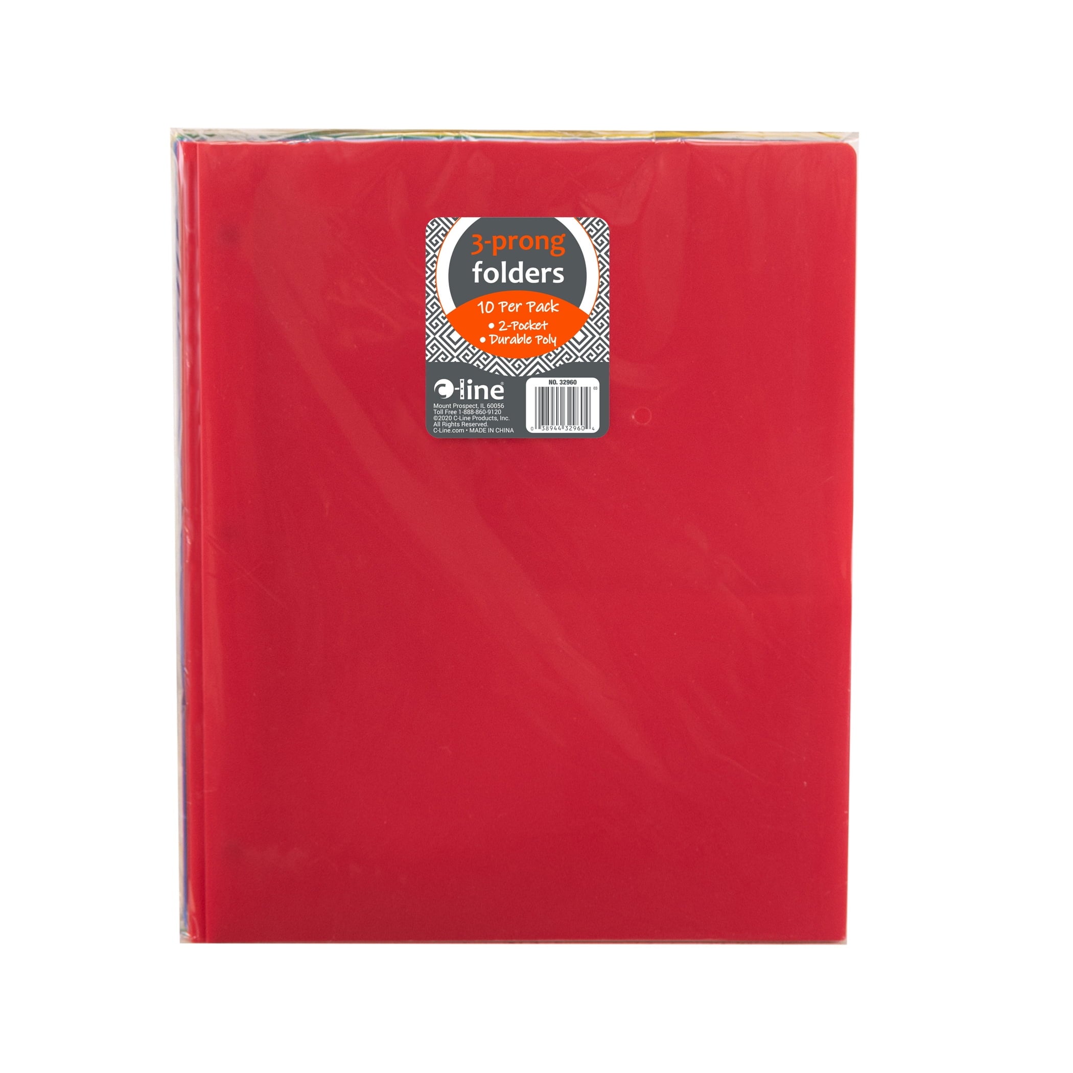 Two-Pocket Heavyweight Poly Portfolio Folder with Prongs, Assorted Primary Colors, 10/PK, 32960
