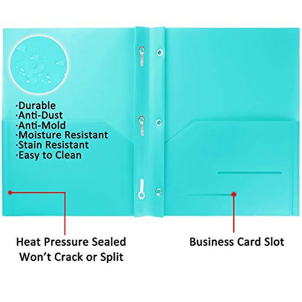 Youngever 12 Pack Heavy Duty Plastic Two Pocket Folders with 3 Prongs, Metal Prongs Fastener, Heavy Duty Plastic 2 Pocket Folder, in 6 Colors