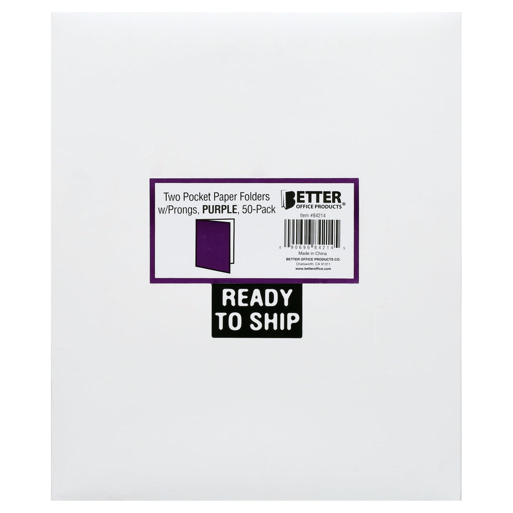 Purple Paper 2 Pocket Folders with Prongs, 50 Pack, by Better Office Products, Matte Texture, Letter Size Paper Folders, 50 Pack, with 3 Metal Prong Fastener Clips, Purple