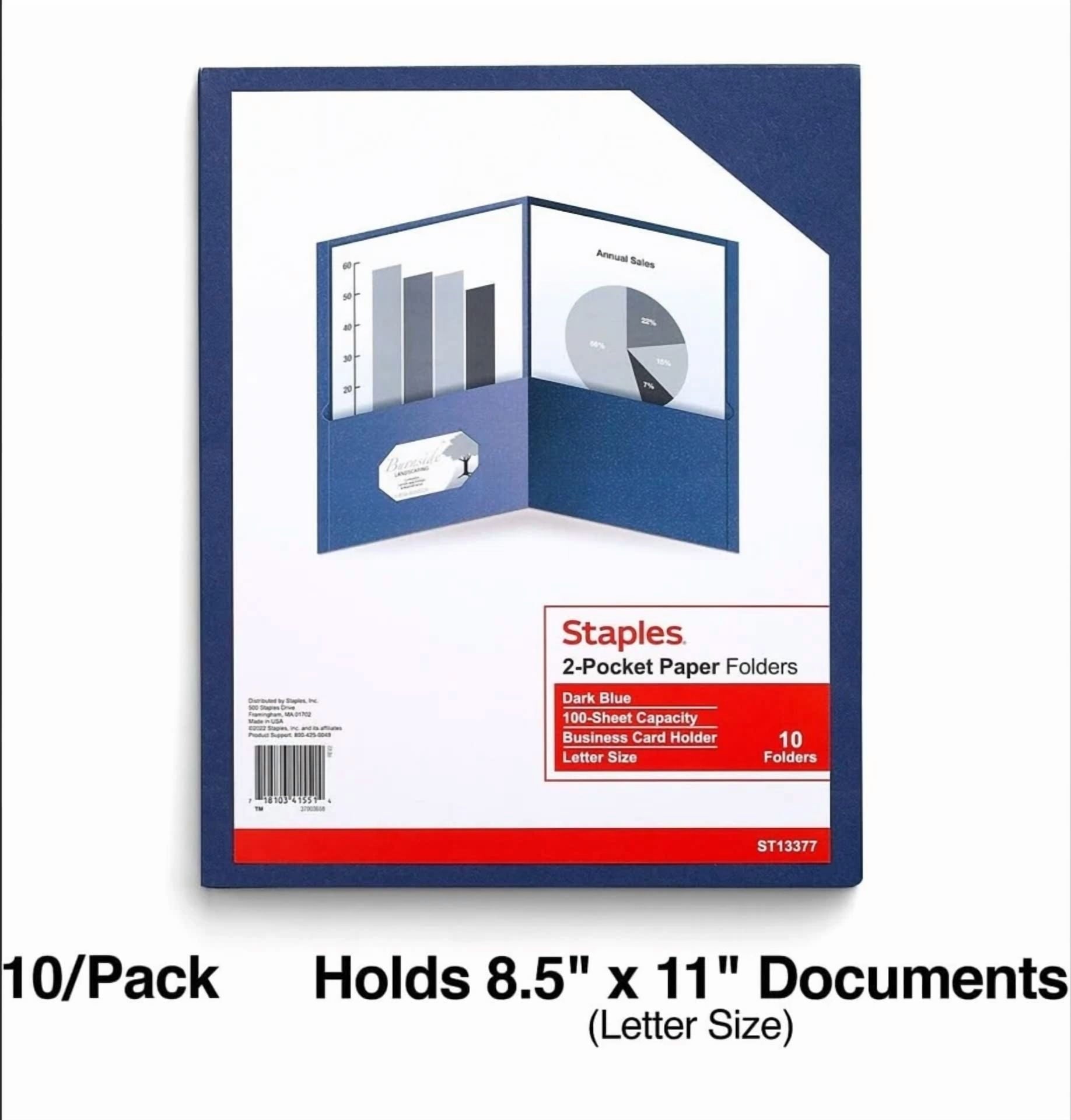 Staples 2-Pocket Folders Navy 10/Pack (13377-Cc) 50 Sheet Capacity New Sealed