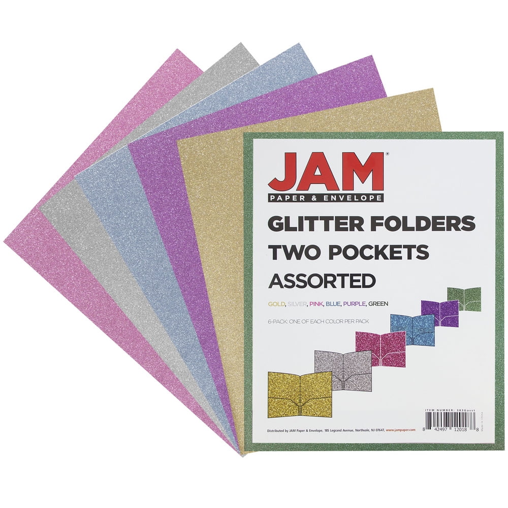 JAM Paper Glitter Two Pocket Folders, Assorted, 6/Pack