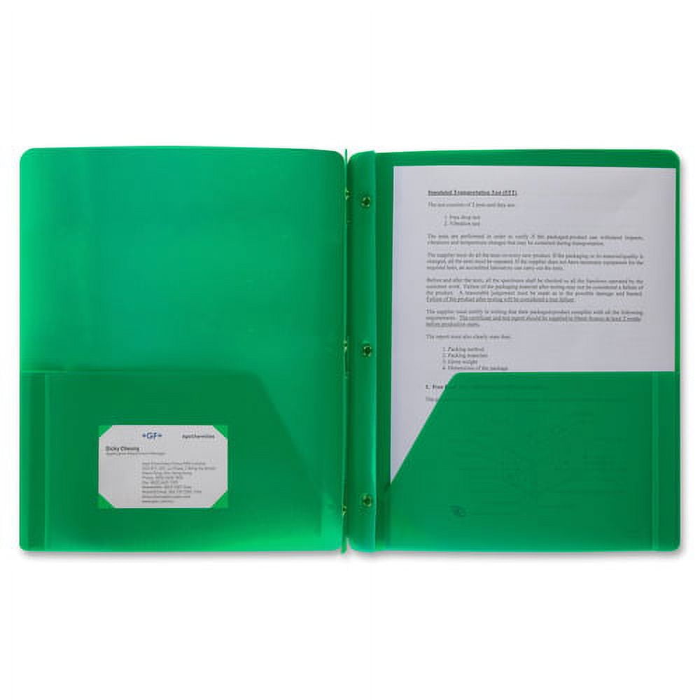 Business Source 3-Hole Punched Poly Portfolios Letter - 8 1/2" x 11" Sheet Size - 50 Sheet Capacity - 3 x Prong Fastener(s) - 2 Pocket(s) - Poly - Green - 1 Each