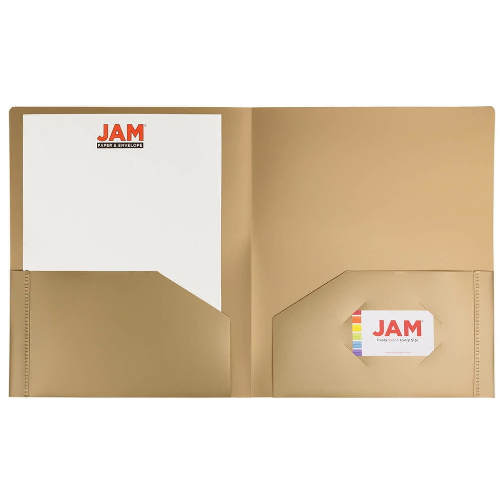 JAM Paper Heavy Duty Plastic 2 Pocket Extra Tough School Folders, Gold, Bulk 48/Pack