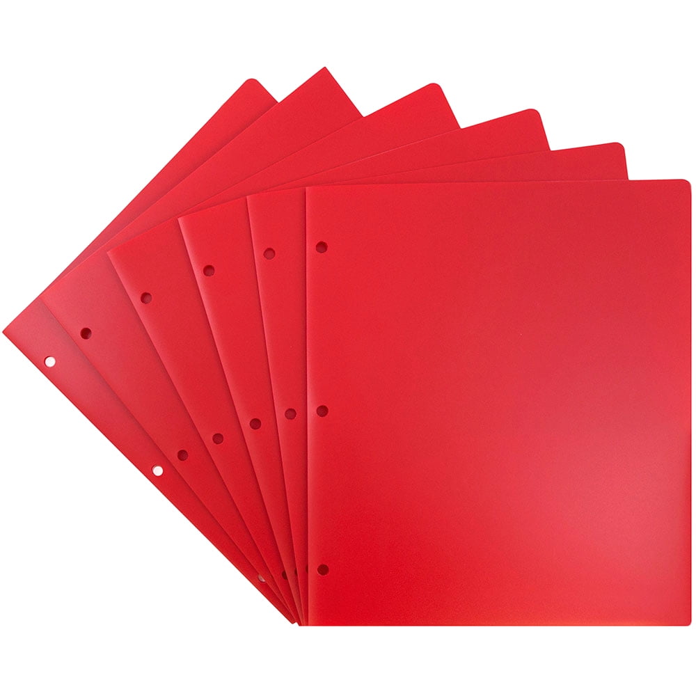 JAM Paper Heavy Duty Plastic 3 Hole Punch School Folders with Pockets, Red, 6/Pack