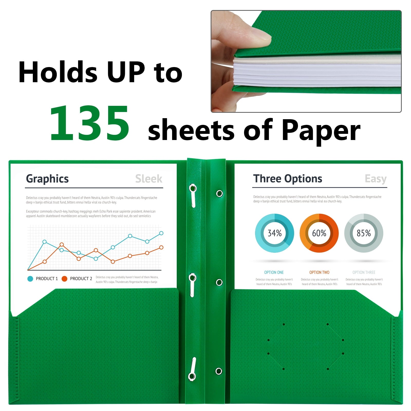 Vivin 10-Pack Plastic Folders with 3 Prongs and 2 Pockets, Green Lighting Pattern