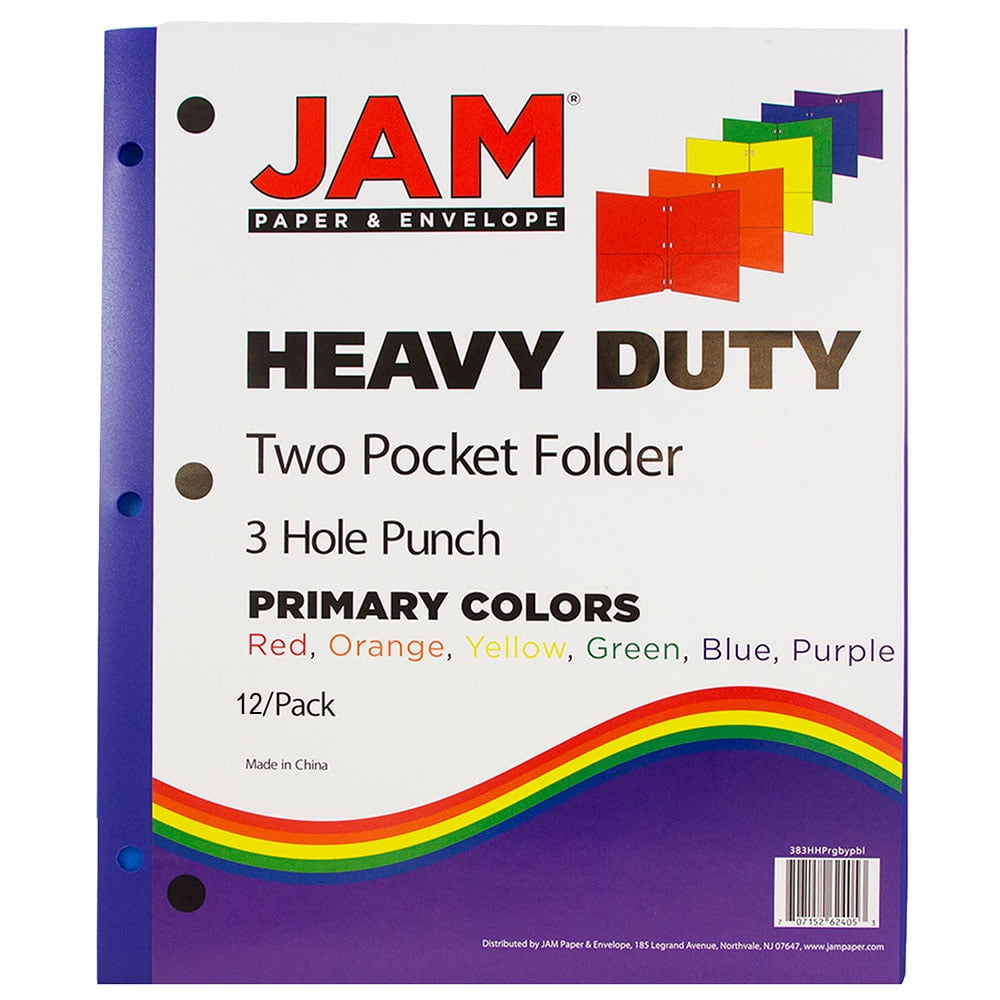 JAM Paper Plastic Heavy Duty 3 Hole Punch 2 Pocket School Presentation Folders, Assorted Colors, 12 pack