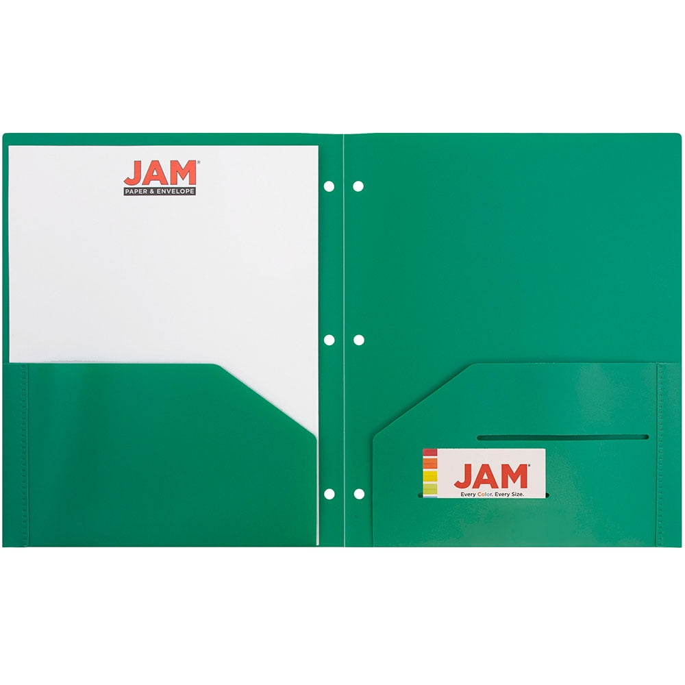 JAM Paper Heavy Duty Plastic 3 Hole Folders with Pockets, Green, 6 per Pack
