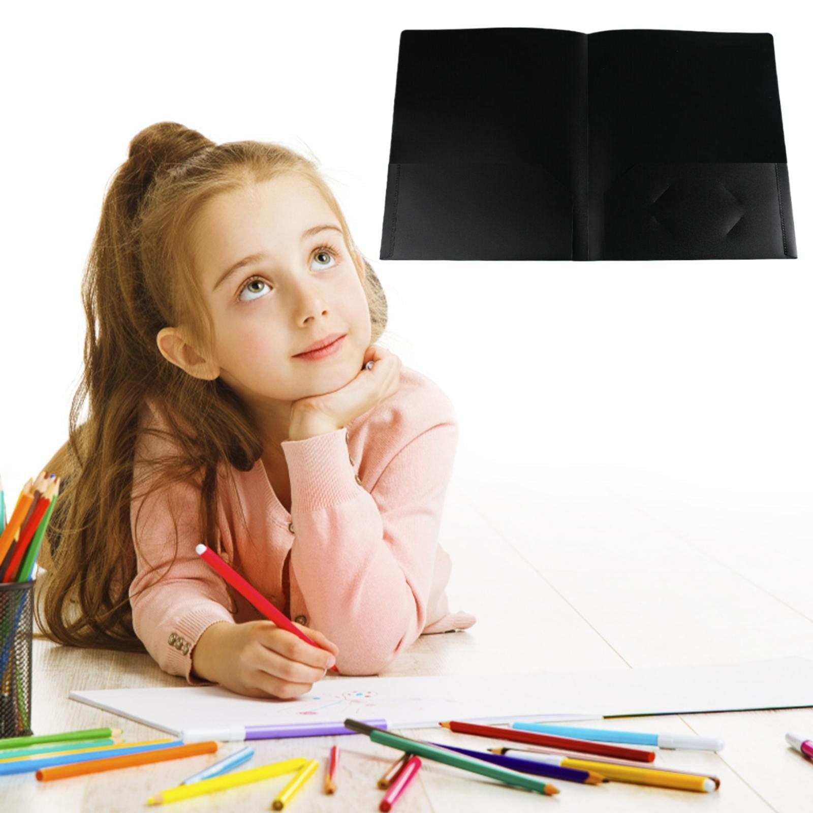 Plastic Pocket File Folders No Prongs, Poly Folders with Prongs for School Office, Letter Size Colored 2 Pocket Folders No Prong Folders, Heavy Duty Plastic Folders with Pockets and No Brads(Black)