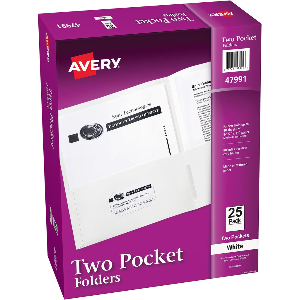 Avery® Letter Pocket Folder - 8 1/2" X 11" - 40 Sheet Capacity - 2 Internal Pocket(s) - White - 125 / Carton