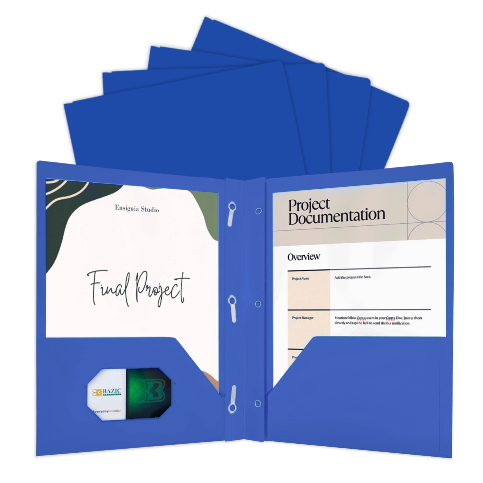 BAZIC 2 Pockets Poly Folder, 3 Prong Fastener Clip, Blue Color, 5-Pack