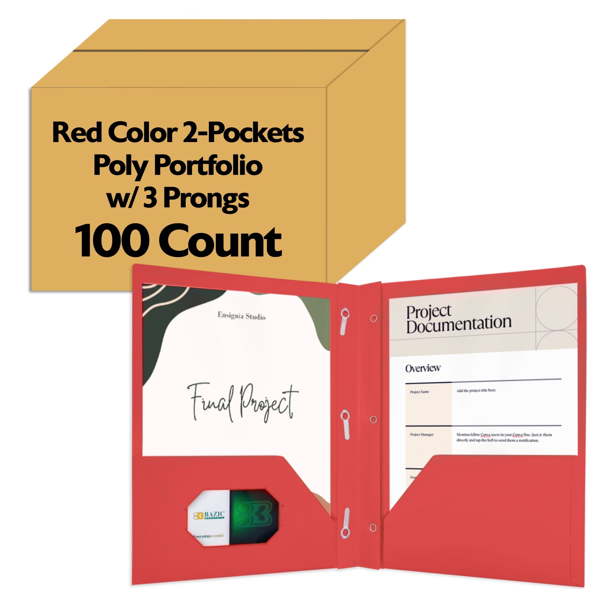 BAZIC 2 Pockets Poly Folder, 3 Prong Fastener Clip, Blue Color, 5-Pack