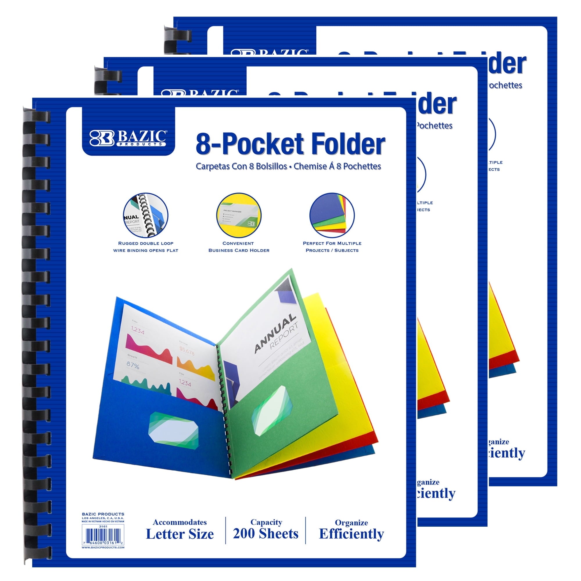 BAZIC 8 Pockets Folder Portfolios Letter Size Wire Binding Folders, 3-Pack