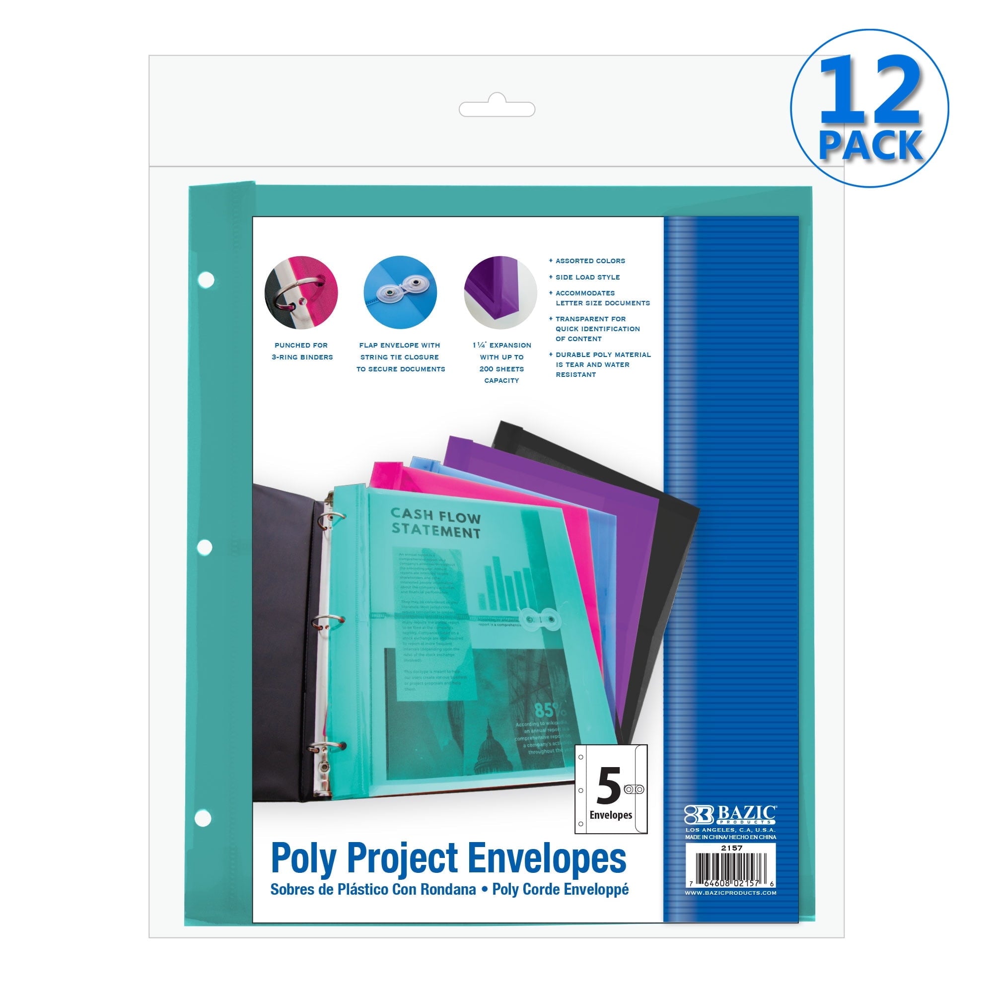 BAZIC Poly Envelope Binder Pocket Folder, 3 Hole Punched, Clear Letter A4 Size Document Folder (5/Pack), 1-Pack