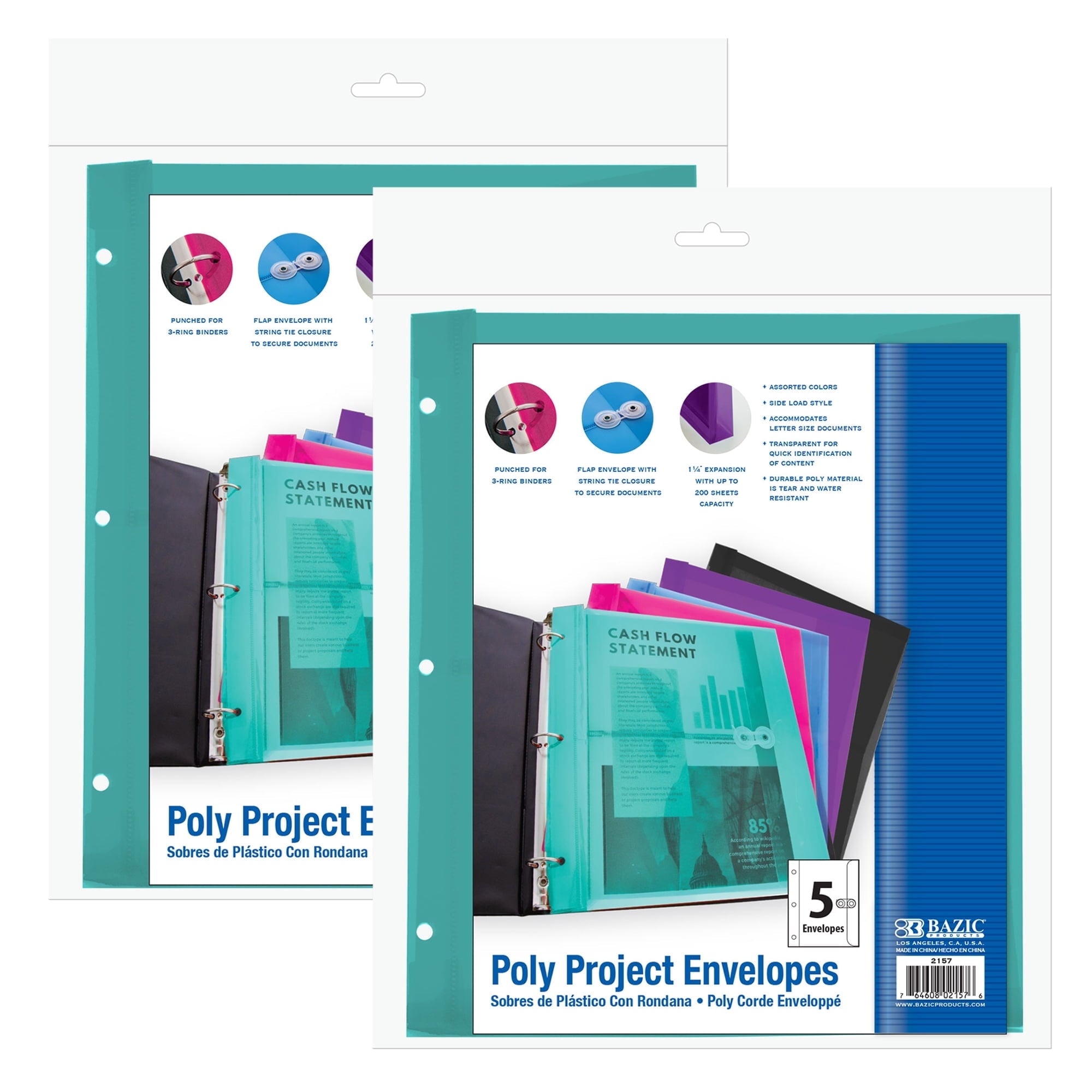 BAZIC Poly Envelope Binder Pocket Folder, 3 Hole Punched, Clear Letter A4 Size Document Folder (5/Pack), 1-Pack