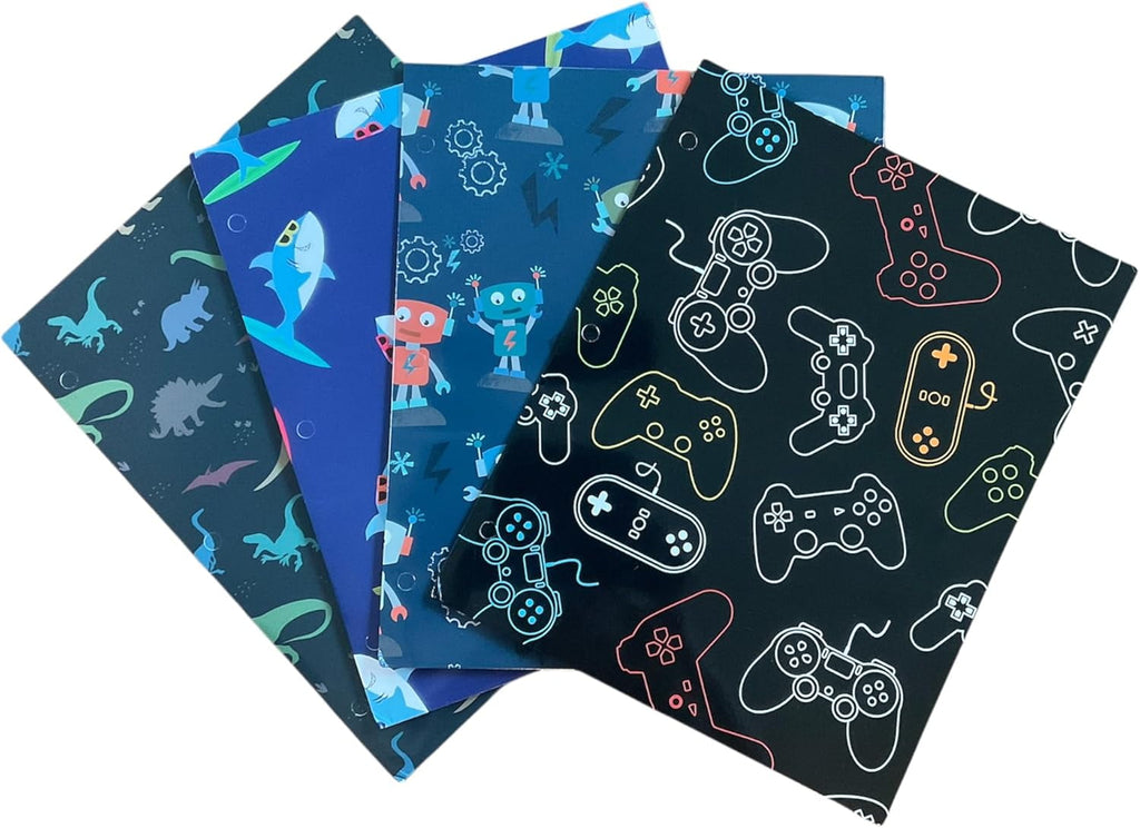 Back to School 2 Pocket Folders  Gaming, Surfing Sharks, Robots Dinosaurs 4pk