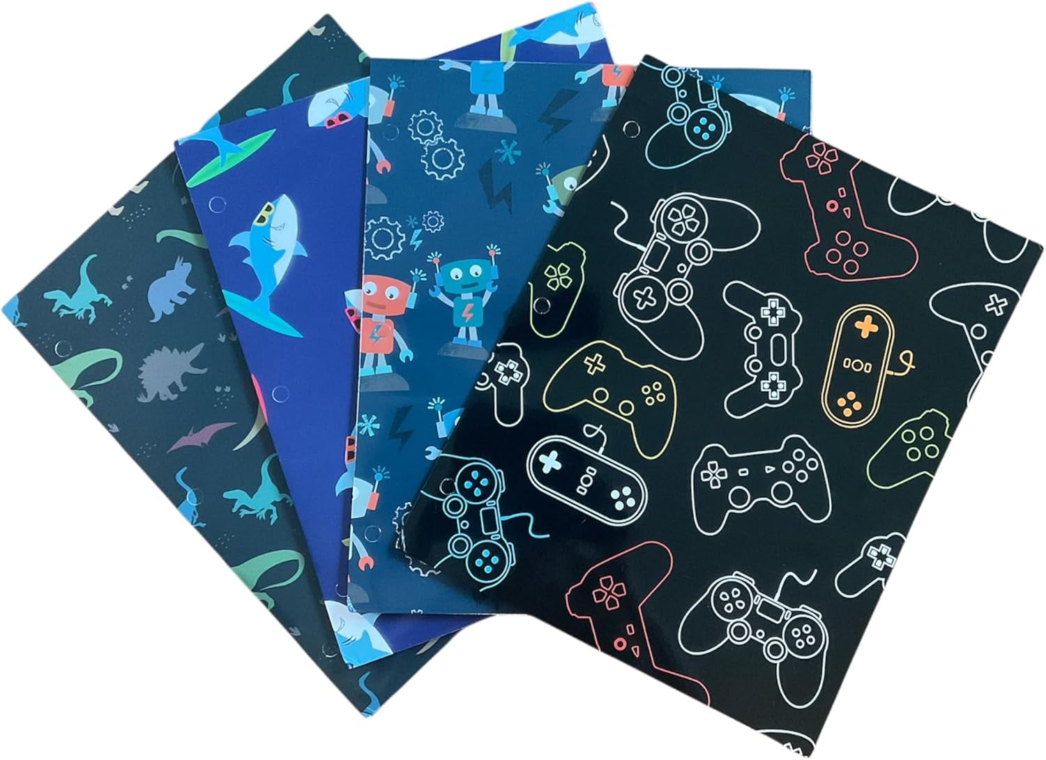 Back to School 2 Pocket Folders  Gaming, Surfing Sharks, Robots Dinosaurs 4pk