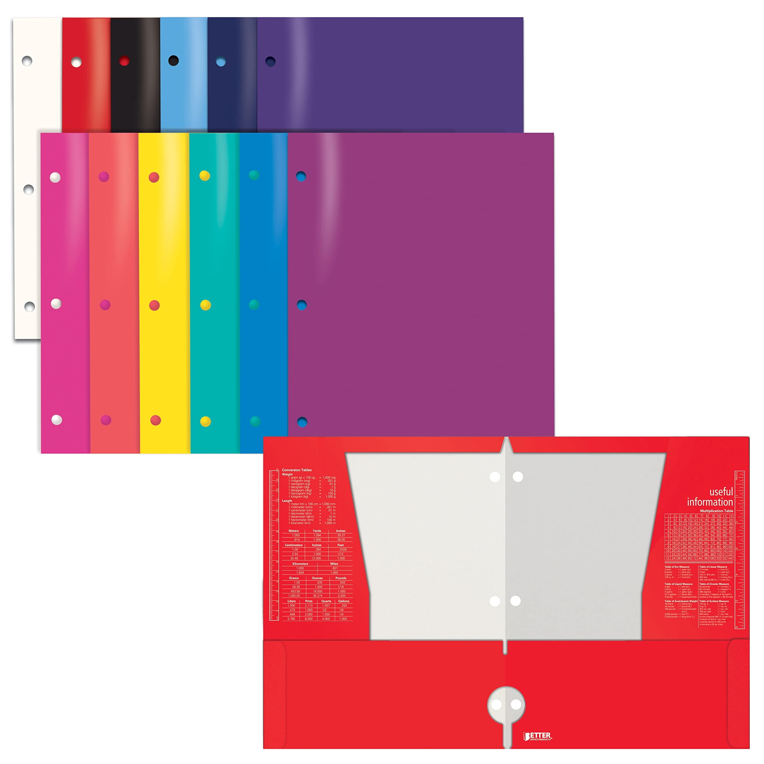 Better Office Products 4 Pocket Glossy Laminated Paper Folders (12 Pack), 3 Hole Punch Portfolios, Assorted Bright and Primary Colors