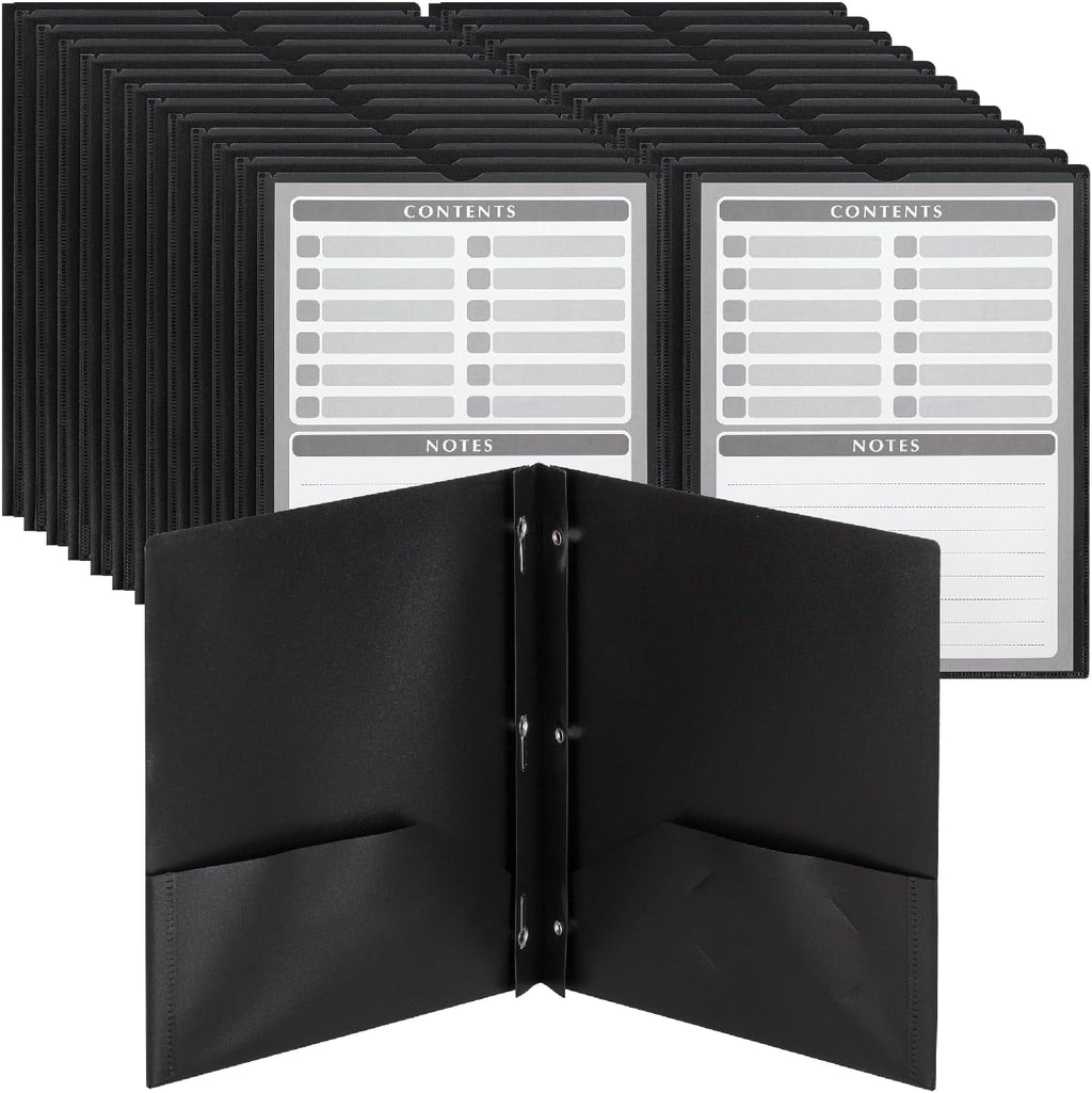 Black Plastic Folders with Pockets and Prongs, 24 Pack, Letter Size, Black Flexible Plastic Folders with Prongs, Clear Front Pocket and Card Slot