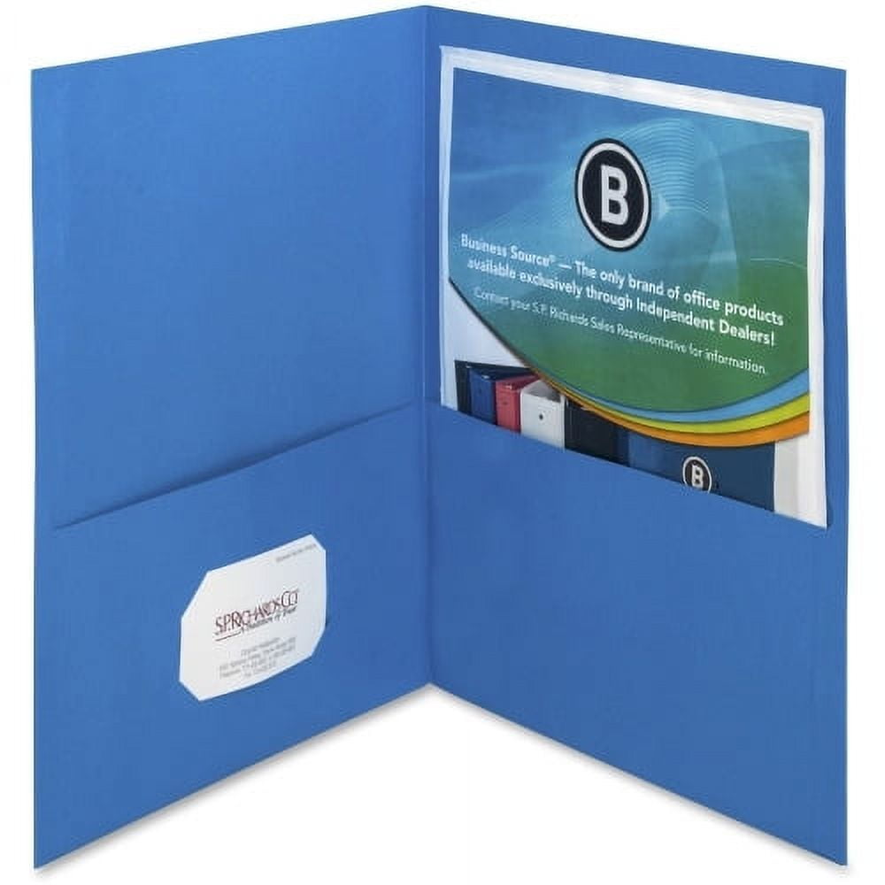Business Source Two-Pocket Folders Letter - 8 1/2" x 11" Sheet Size - 125 Sheet Capacity - 2 Inside Front & Back Pocket(s) - Paper - Blue - Recycled - 25 / Box