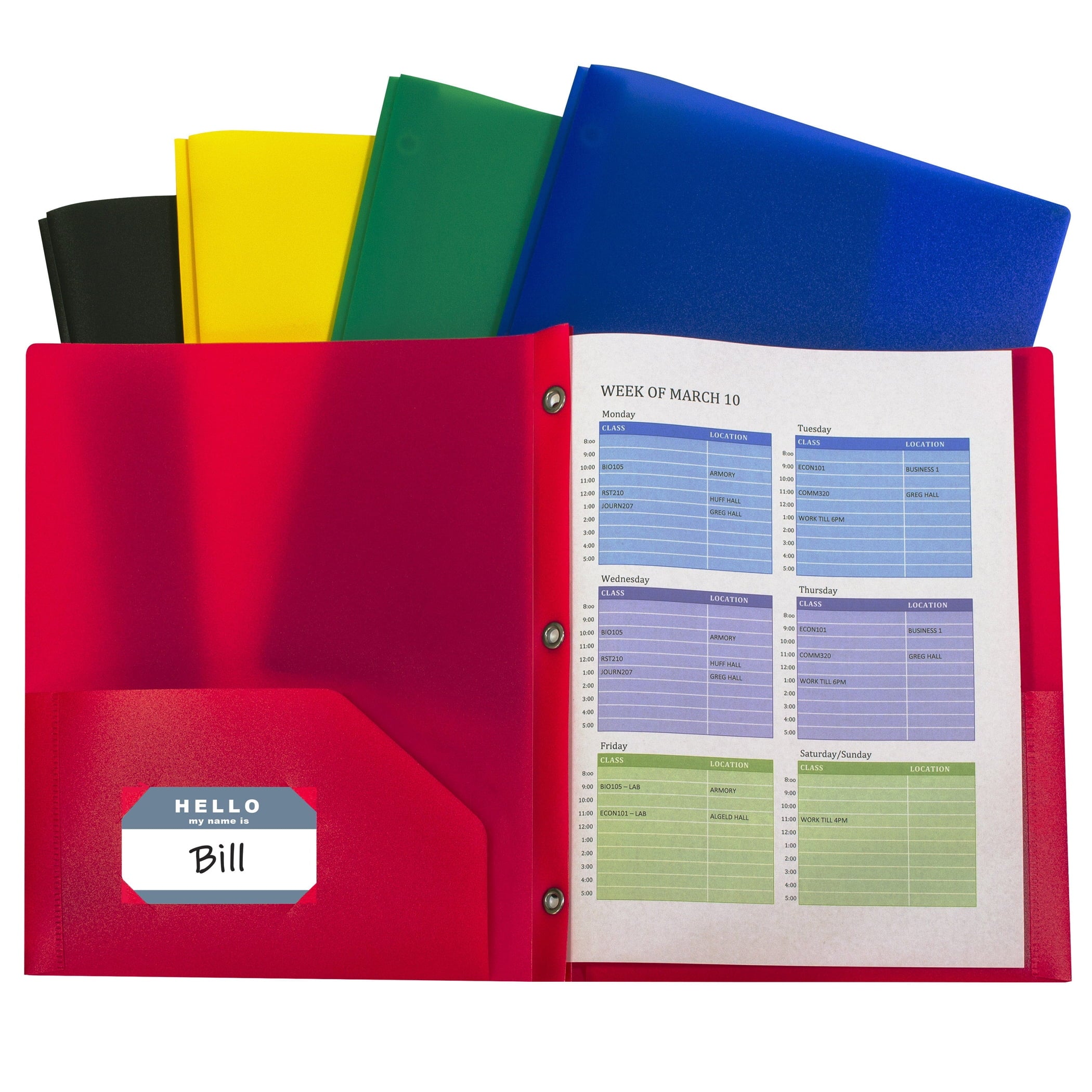 Two-Pocket Heavyweight Poly Portfolio Folder with Prongs, Assorted Primary Colors, 10/PK, 32960