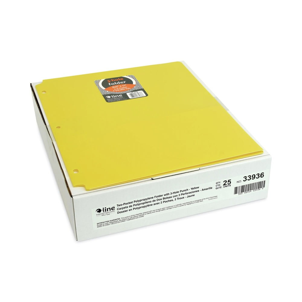 C-Line Two-Pocket Heavyweight Poly Portfolio Folder with Three-Hole Punch, Yellow, Pack of 25