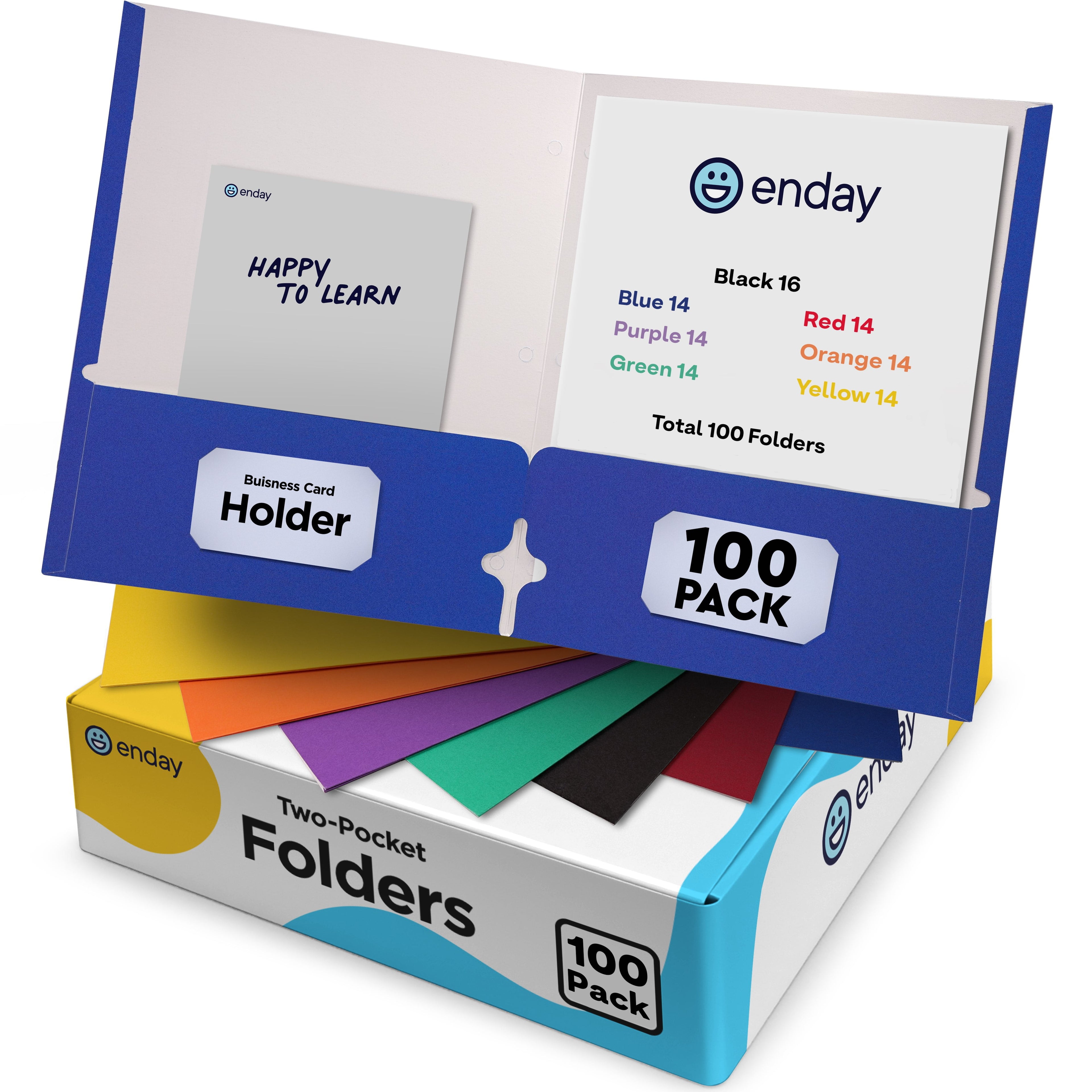 Enday Paper Folders with Pockets (100 Pack) - Assorted Colors - Letter Size Two Pocket Folders - Purple, Blue, Green, Red, Yellow, Orange & Black