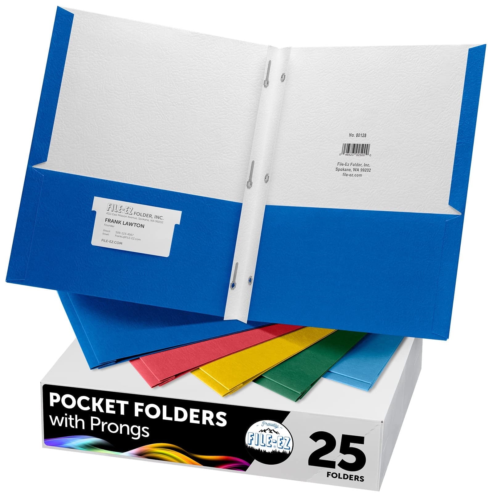 FILE-EZ Two-Pocket Folders with 3-Prong Fasteners, Assorted Colors, 25-Pack, Durable Textured Paper, Matte Finish, Letter Sheet Size (EZ-62500), Made in USA