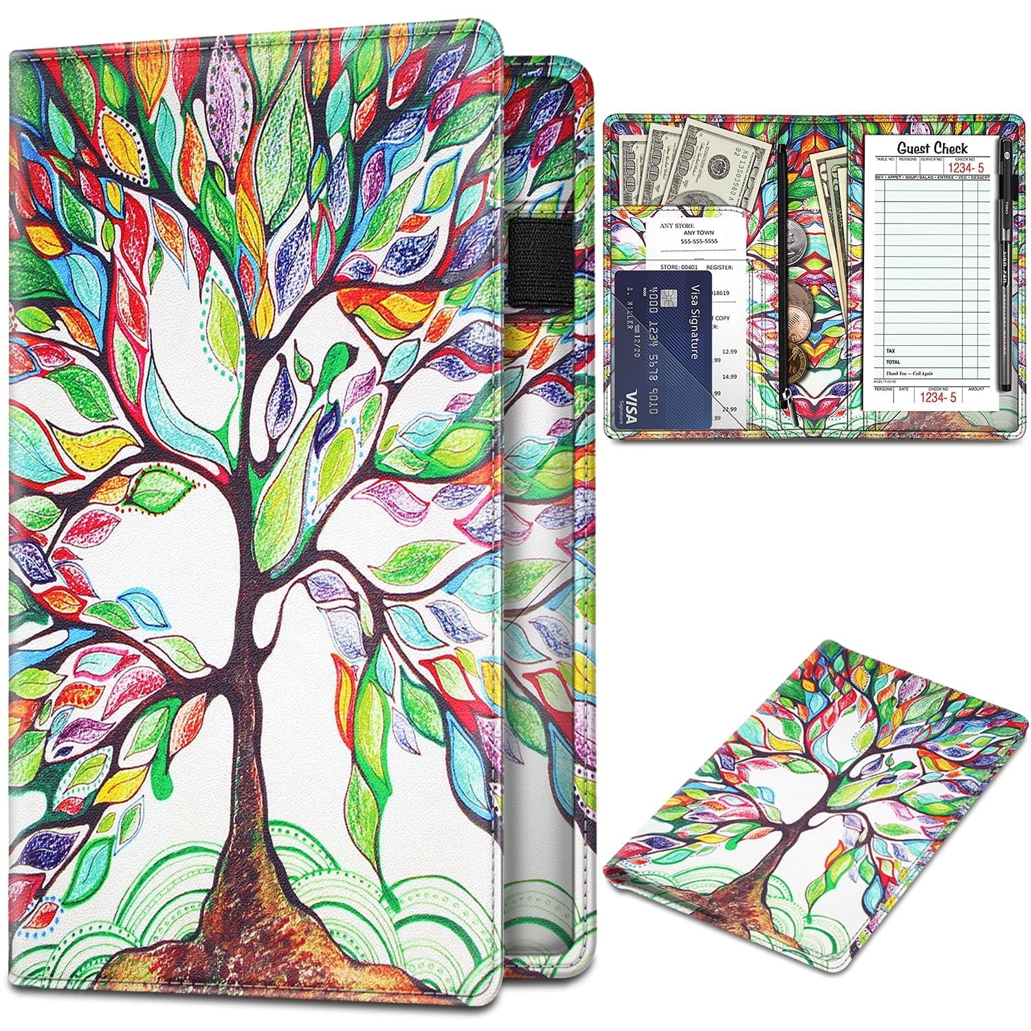 Fintie Server Book Organizer with Zipper Pocket, PU Leather Restaurant Guest Check Presenters Card Holder for Waitress Waiter Bartender, Sandy Wave