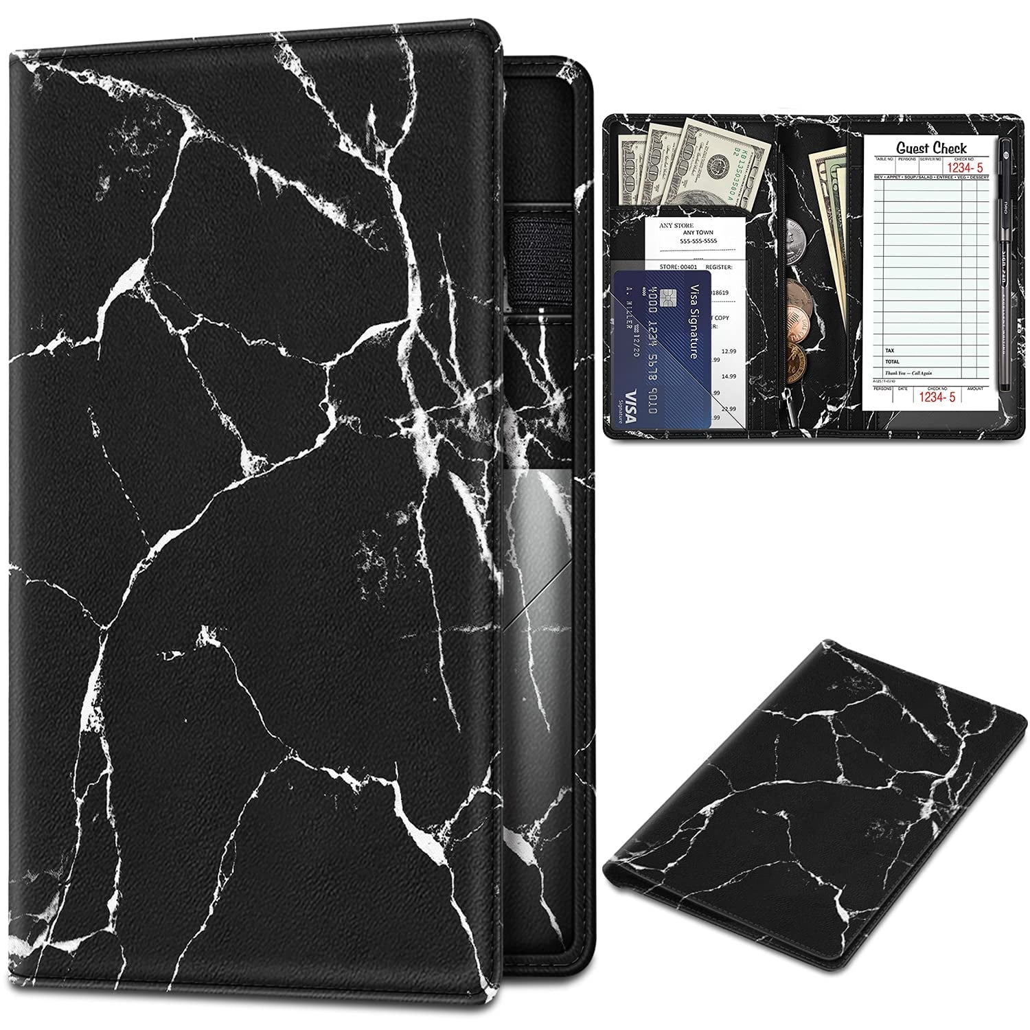 Fintie Server Book Organizer with Zipper Pocket, PU Leather Restaurant Guest Check Presenters Card Holder for Waitress Waiter Bartender, Sandy Wave