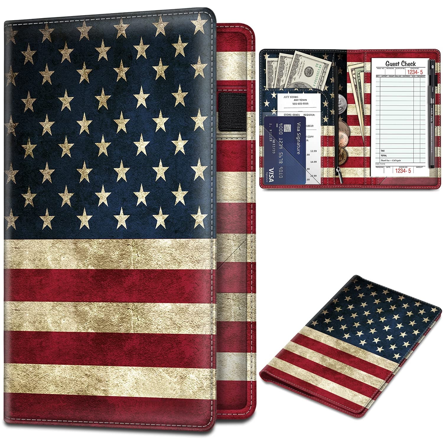 Fintie Server Book Organizer with Zipper Pocket, PU Leather Restaurant Guest Check Presenters Card Holder for Waitress Waiter Bartender, Sandy Wave