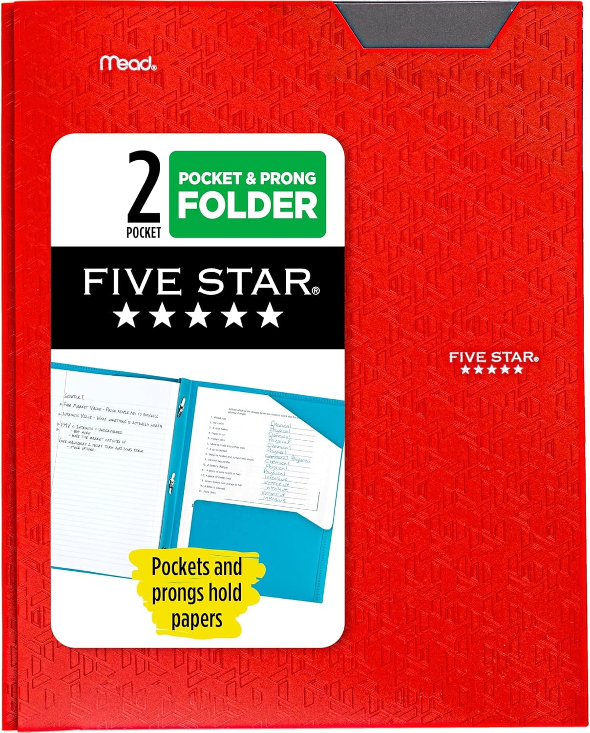 Five Star 2-Pocket Folder, Plastic Folder with Stay-Put Tabs and Prong Fasteners, Holds 8-1/2" x 11" Paper, Fire Red (72109)