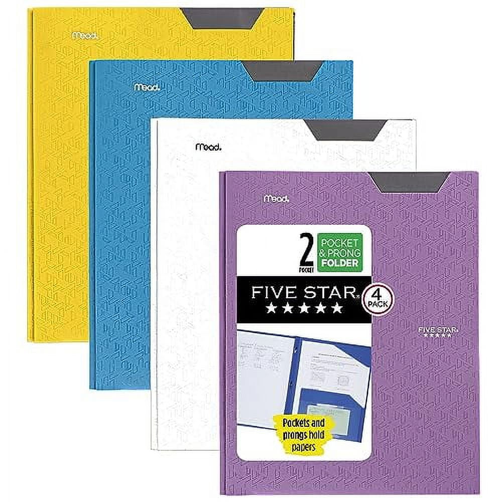 Five Star 2-Pocket Folder, 4 Pack, Plastic Folder with Stay-Put Tabs and Prong Fasteners, Holds 8-1/2" x 11" Paper, Tidewater Blue, White, Amethyst Purple, Harvest Yellow (38064)