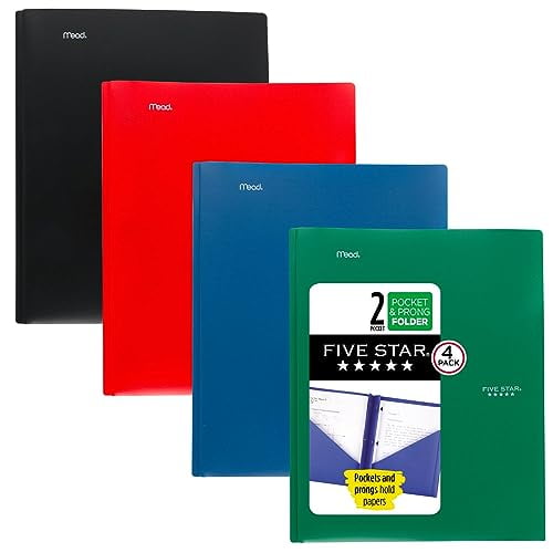 Five Star 2-Pocket Folder, 4 Pack, Plastic Folder with Prong Fasteners, Holds 8-1/2" x 11" Paper, Black, Fire Red, Forest Green, Pacific Blue (38140)