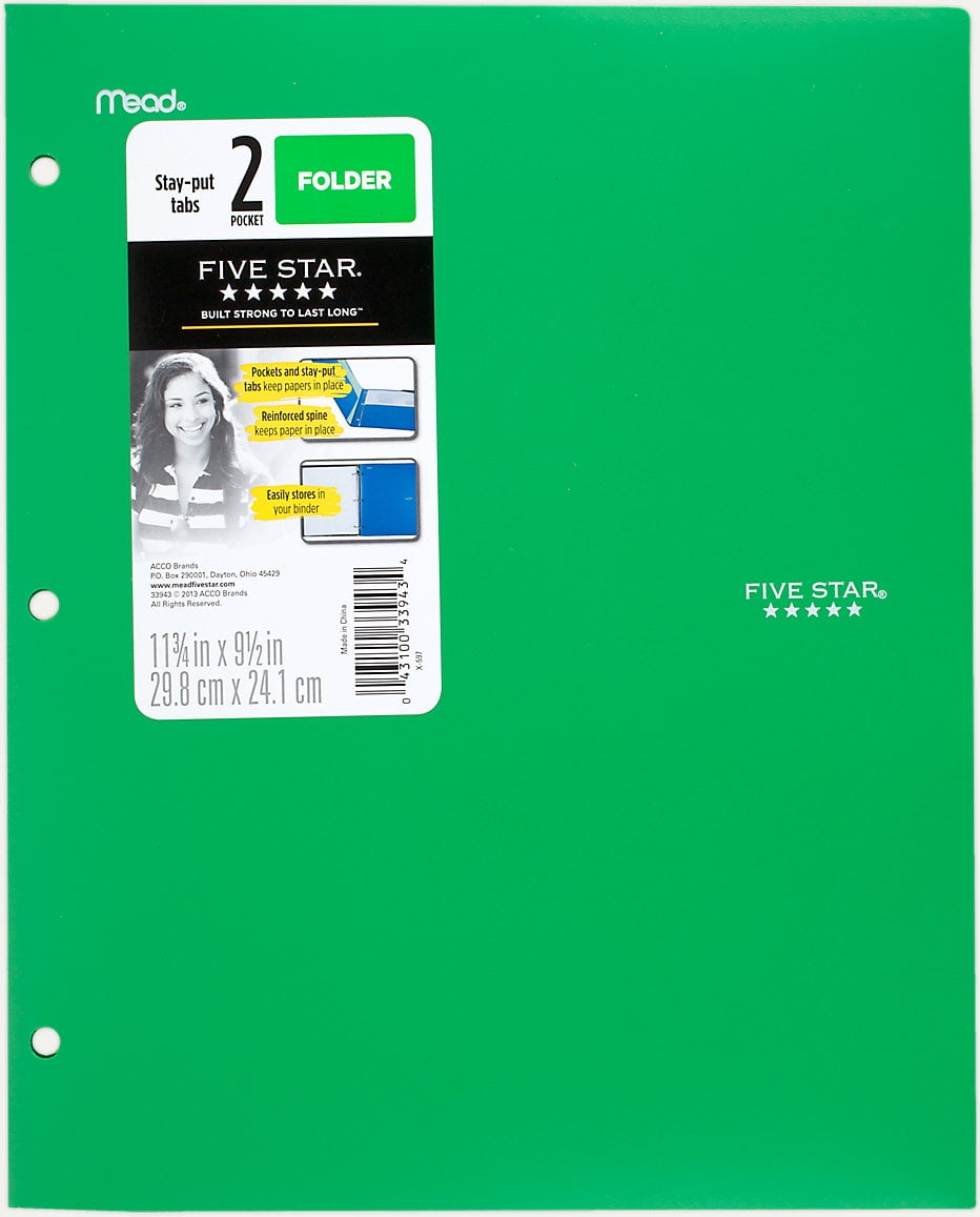 Five Star 2-Pocket Stay-put Tabs Folder with Three Hole Punched Teal (33943)