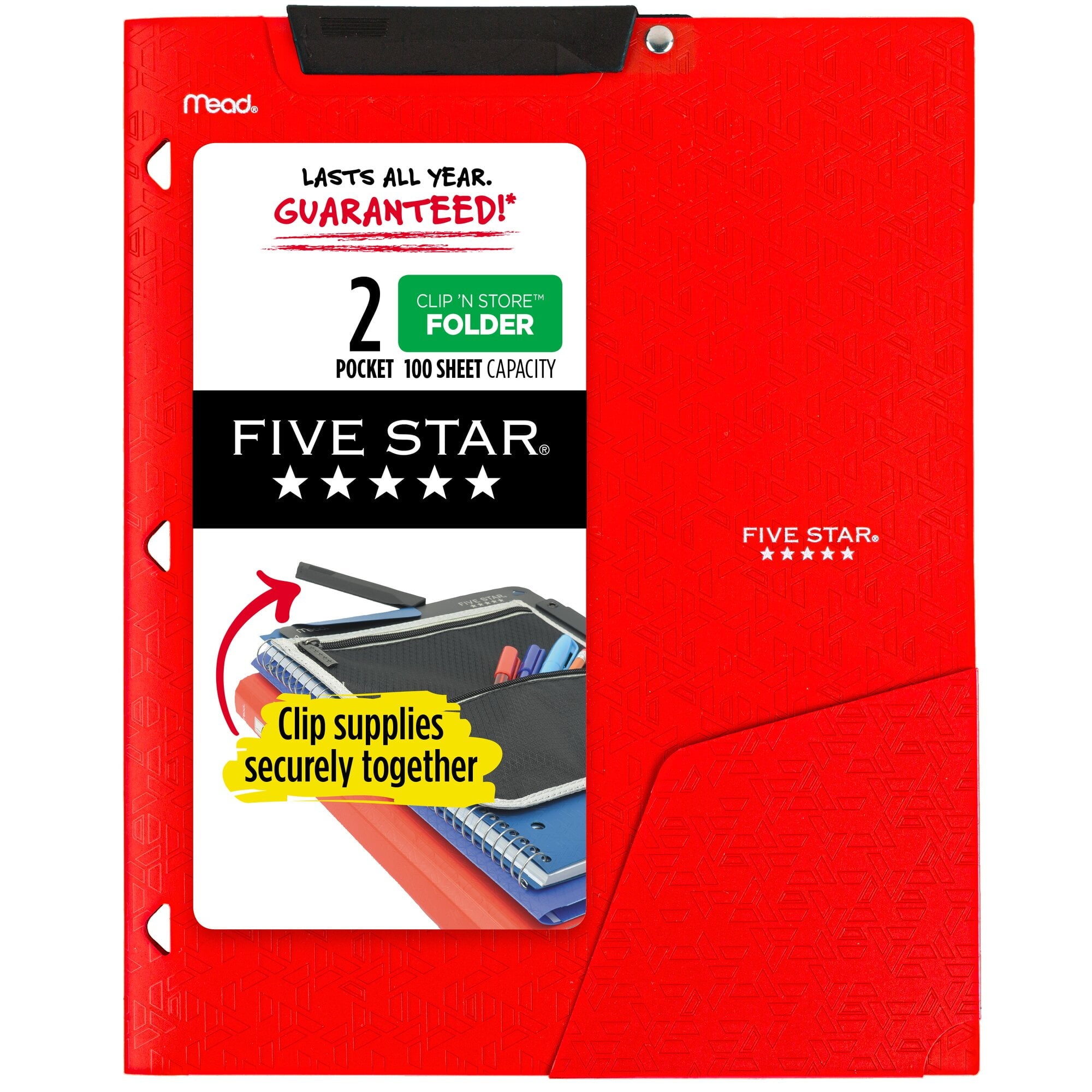Five Star Clip N Store 2-Pocket Folder Fire Red - Pocket Folders