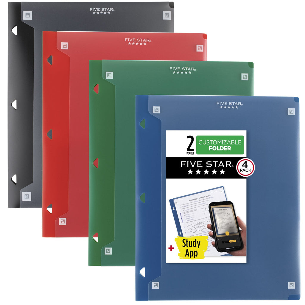 Five Star Customizable 2-Pocket Plastic Folder Plus Study App 4 Pack Black Fire