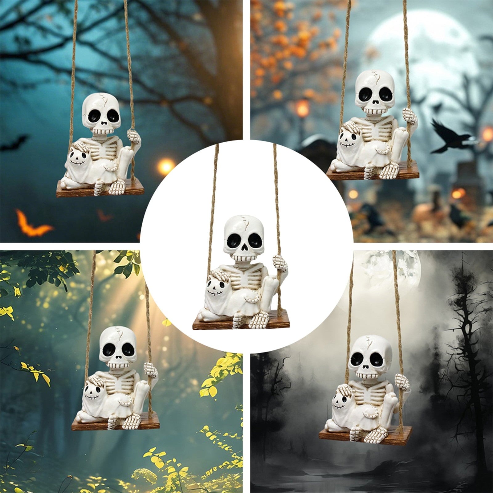 Halloween Skeleton Swing Decoration with Ghost Cat | Resin Garden Statue 3.15in | Outdoor Halloween Decor, Patio & Porch Hanging Ornament