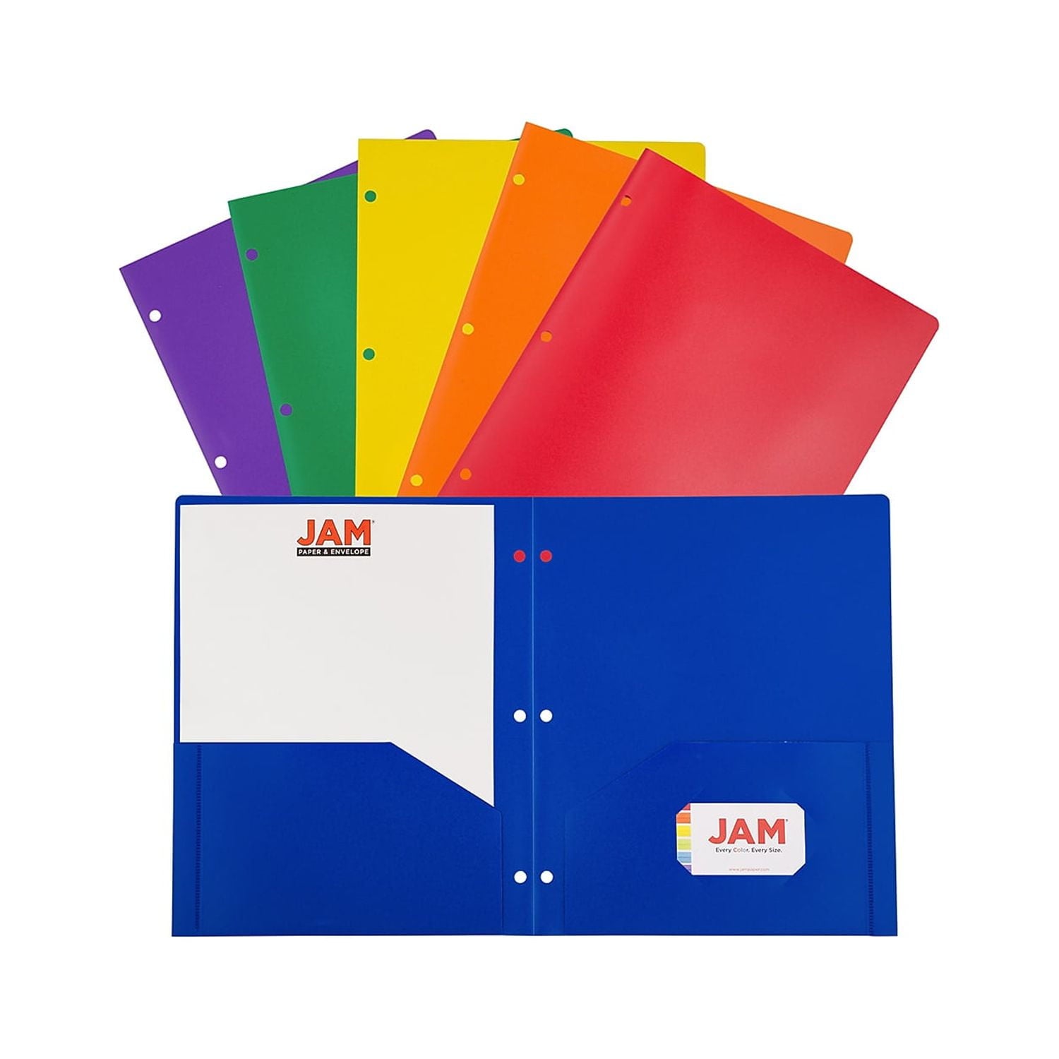 JAM Paper 2-Pocket Plastic Folders Multicolored Assorted Primary Colors 6/Pack (382EHPASTPR)