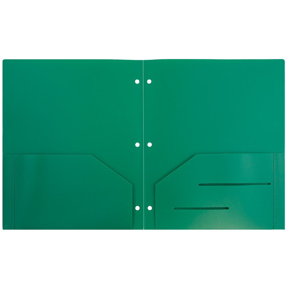 JAM Paper Heavy Duty Plastic 3 Hole Folders with Pockets, Green, 6 per Pack