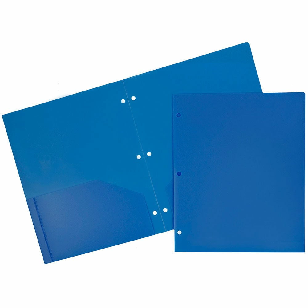 JAM Paper Heavy Duty Plastic 3 Hole Punch Pocket Folders, Extra Tough, Blue, Bulk 48/Pack