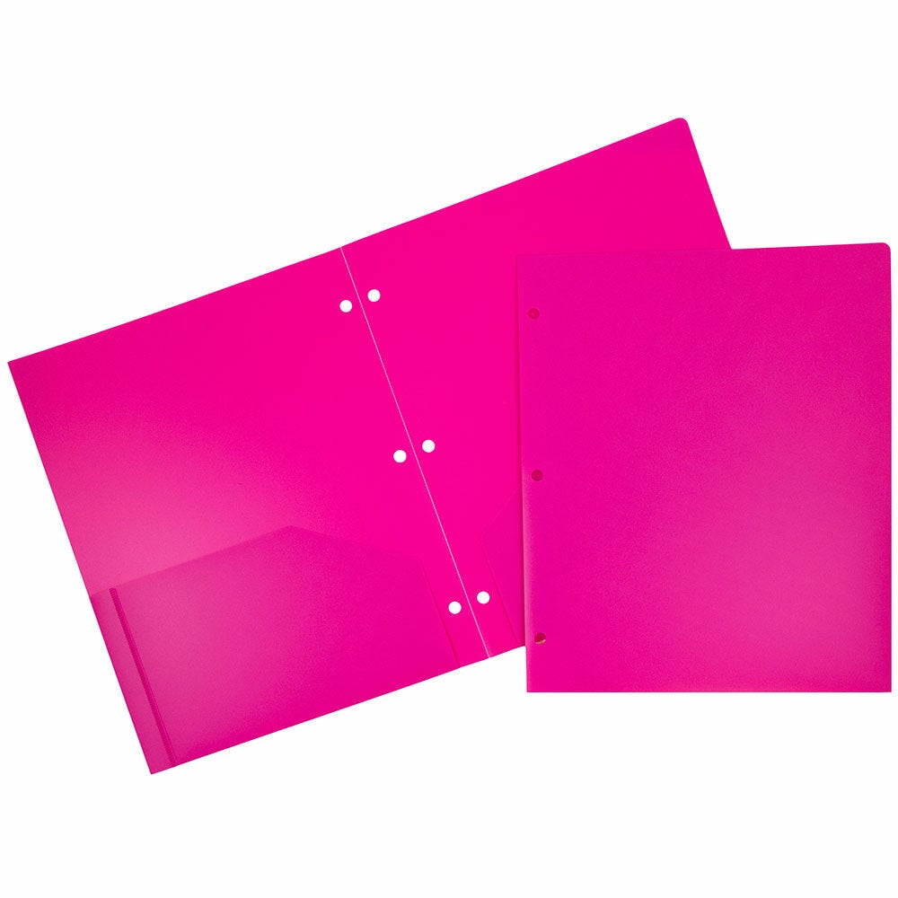 JAM Paper Heavy Duty Plastic 3 Hole Punch Pocket Folders, Extra Tough, Fuchsia Hot Pink, Bulk 144/Box