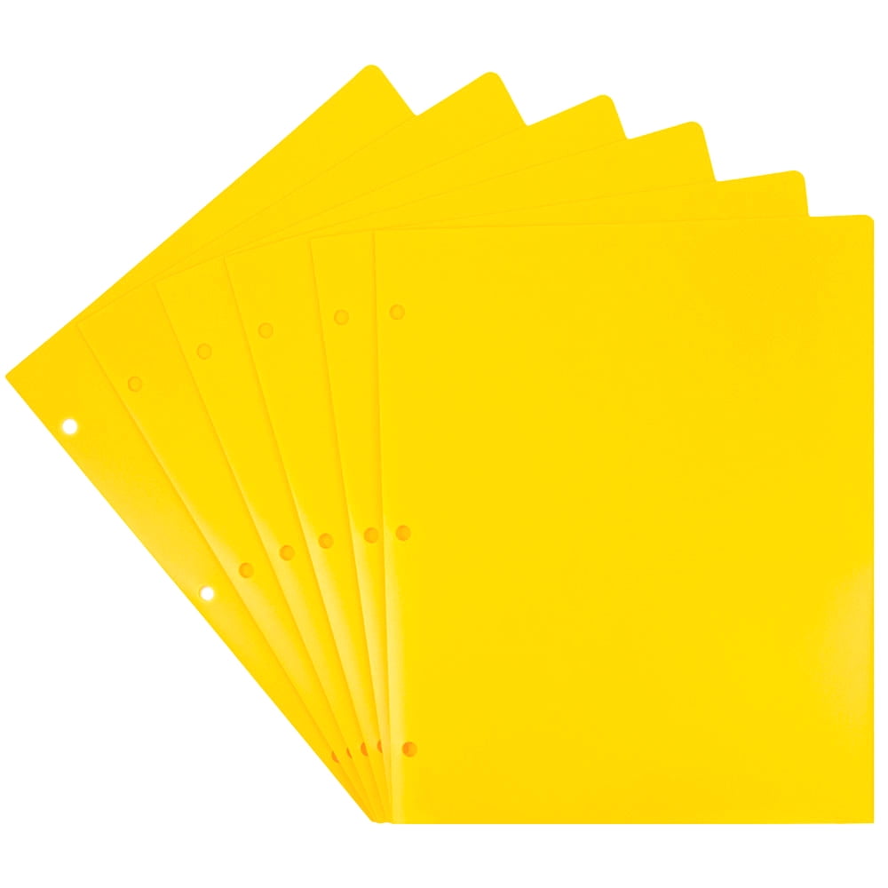 JAM Paper Heavy Duty Plastic 3 Hole School Folders with Pockets, Yellow, 6 per Pack
