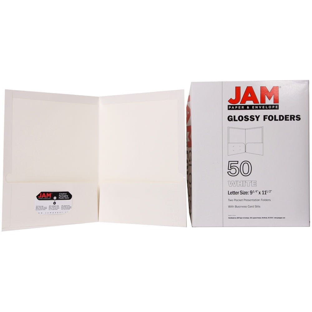 JAM Paper Laminated Two Pocket Glossy Folders, White, Bulk 50/Box